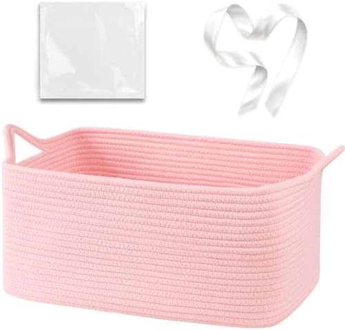 OIASKET Large Empty Cotton Rope Gift Basket with Handles, 18.9"x13.8"x7.8" Decorative Woven Storage Basket with Gift Bag and Ribbon Set for Baby Shower, Toy Organizer for Kids, Dogs & Cats - Pink