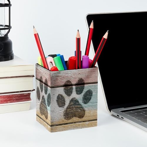 Pet Paws Pen Holder for Desk Decor, Rectangular PVC Leather Pencil Cup for Desk Pen Organizer, Makeup Brush Holder for School, Home, Office