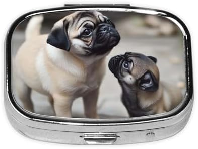 Pill Box 2 Compartment Medicine Pill Case for Pocket or Purse Mini Metal Pill Holder Cute Pet Pug Pill Case Vitamin Organizer Portable Travel Pill Container to Hold Supplements Vitamins