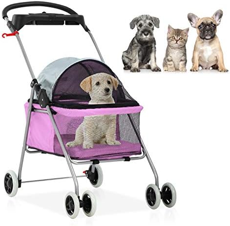 Meet Perfect Pet Stroller for Small/Medium Dogs & Cats, Pink, Foldable | Waterproof fabric helps protect pets during outdoor travel; Mesh panels provide ventilation and visibility.
