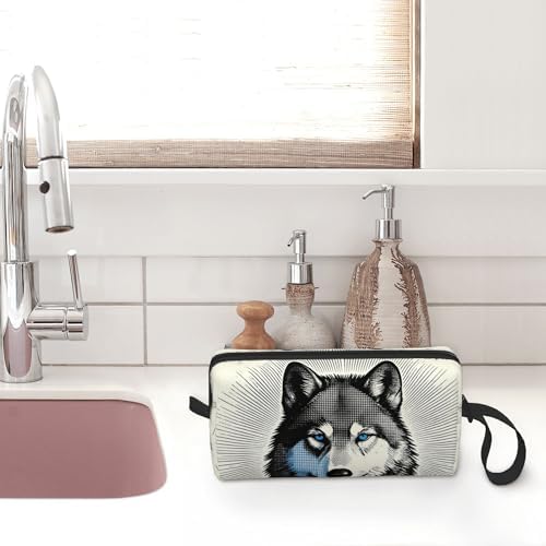 Blue Eyed Wolf Makeup Bag for Women with Wrist Strap | Durable 600D Oxford Fabric Cosmetic Organizer,Compact Travel Pouch with Handle for Gym & Daily Use