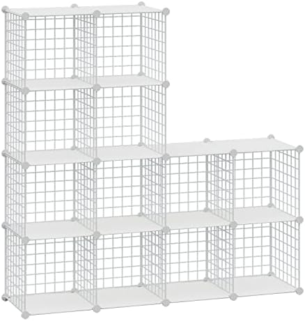 HUBSON Wire Cube Storage Organizer, Book/Toy/Craft/Potted Plants and petCloset Organizers and Storage Shelves, 12-Cube Freely Combinable Metal Grids Storage Shelf,White Plus Iron