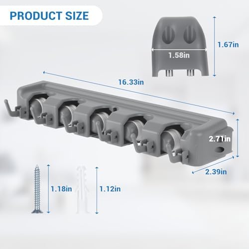 HOME MASTER HARDWARE (2 Pack 16 in Broom Mop Holder Garage Storage Organizer with 5 Racks 6 Hooks Adjustable Wall Mounted Storage Tool for Lanudry Garage Kitchen Garden