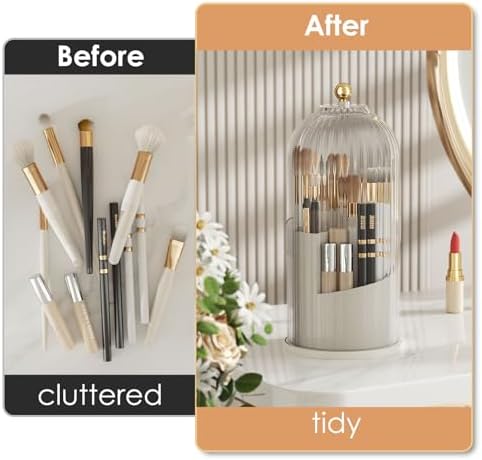 YOOLENS Makeup Brush Holder with Lid 360 Rotating Clear Dustproof Make Up Organizers for Vanity Bathroom Countertop, Transparent