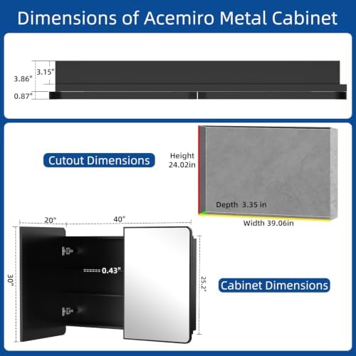 ACEMIRO 40x30 Inch Black Medicine Cabinet Mirror Metal Framed Recessed Bathroom Medicine Cabinets with Mirror and Storage Wall Mounted