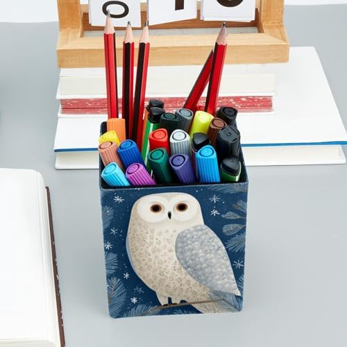 Owl Pen Holder for Desk Decor, Rectangular PVC Leather Pencil Cup for Desk Pen Organizer, Makeup Brush Holder for School, Home, Office