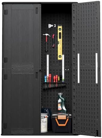 Tall Vertical Storage Cabinet with Floor & Lockable Double Doors, 61 Cuft Weather-Resistant Thickened Outdoor Resin Storage Shed for Patio, Garden and Garage, Black