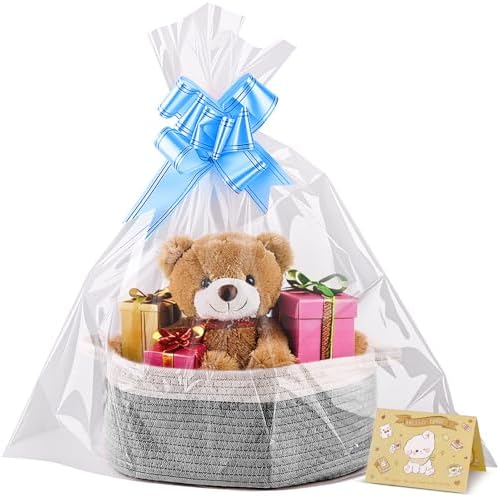 Small Woven Basket, 12" x 8" x 5" Gift Basket Empty with Ribbon and Gift Bag, Rope Basket for Baby Shower, Holiday Presents,Storage Basket with Handle for Nursery,Pet Toy Basket (White-Grey)