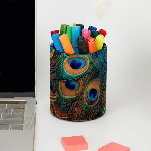 Faux Leather Pen Holder for Desk, Pencil Organizer Peacock Feather Pen Cup Desk Decor Makeup Brush Holder Storage for Office Home