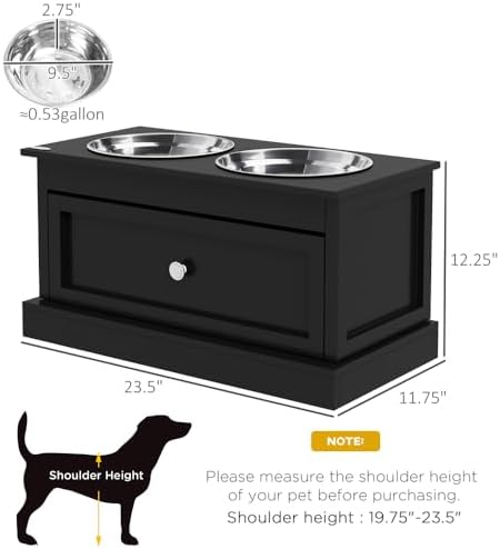 Elevated Dog Feeder Stand with Storage Drawer, Raised Pet Food Bowl Station for Large Dogs, Black MDF Frame with Stainless Steel Bowls