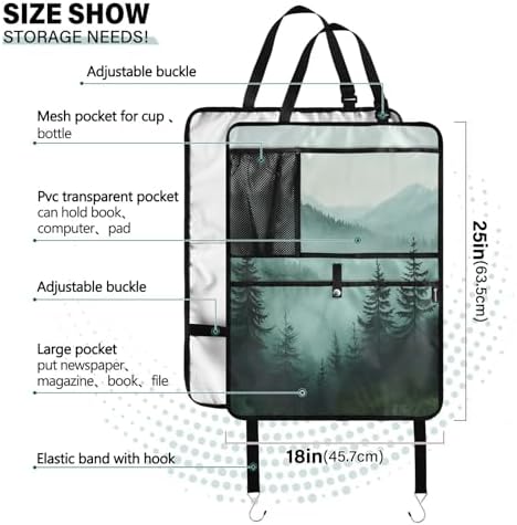 2 Pack Back Seat Car Organizer with Storage Pockets Kick Mats Back Seat Protector Hanging Car Organizer Automotive Seat Back Cover Organizers Green Mountains and Pine Trees