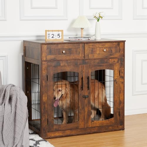 40'' Wooden Dog Crate Furniture, Farmhouse Dog Kennel Indoor Furniture Style Dogs Crate Table with 2 Drawers for Small, Medium & Large Dogs Brown