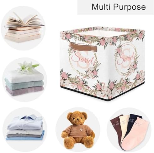 Floral Pink Collapsible Storage-Bin-Basket Custom Name Organizing