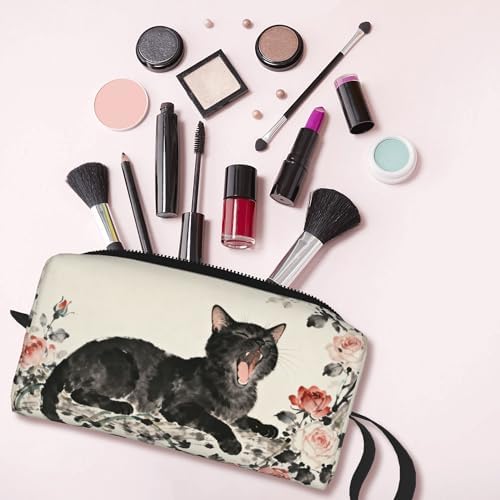 Yawning Black Cat Roses Makeup Bag for Women with Wrist Strap | Durable 600D Oxford Fabric Cosmetic Organizer,Compact Travel Pouch with Handle for Gym & Daily Use