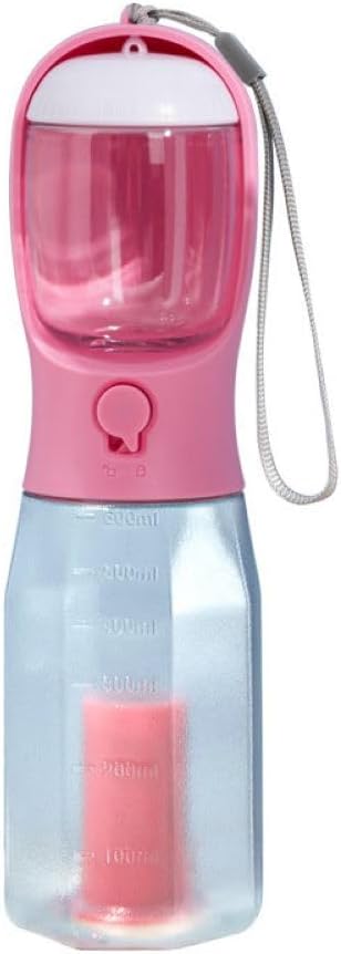 Three-in-one Portable Multi-Functional Pet Cup (Includes 1 Roll of Poop Bag) (Capacity 20 oz Water, 100 gm Food) (Pink)