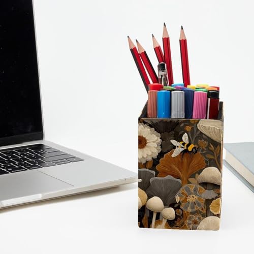 Bees and Mushrooms Pen Holder for Desk Decor, Rectangular PVC Leather Pencil Cup for Desk Pen Organizer, Makeup Brush Holder for School, Home, Office