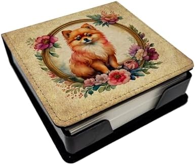 Caroline's Treasures Pomeranian and Flowers PU Leather Note Paper Holder with Artist-Designed Cover, Desk Accessory, Office Gift