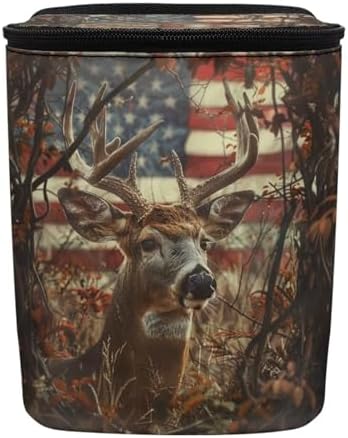DISNIMO American Flag Camo Deer Car Trash Can with Lid Leak Proof Trash Bin Garbage Bag Collapsible Automatic Portable Trash Can Easy to Clean Used in Car Home Office