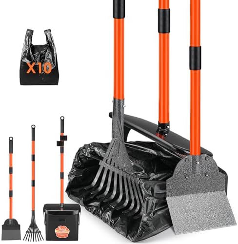 SlowTon Dog Pooper Scooper, 37.4" Long Handle Poop Scoop for Large Dogs | Adjustable, Portable, Non Breakable, with 10 Waste Bags, Swivel Large Bin & Rake & Spade Kit, for Gravel Lawn Grass