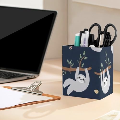 Fashion Leather Pen Holder Desktop Stationery Organizer Makeup Brush Cup Cute Sloth