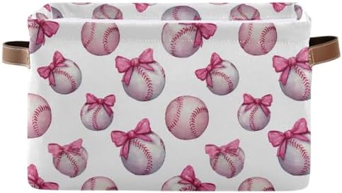 Pink Bow Baseball Square Baskets Storage Bins Foldable Fabric Organizer Bin Open Home Shelf Baskets