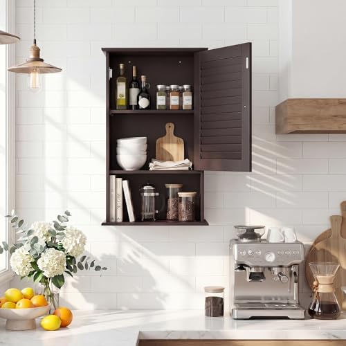 Tangkula Medicine Cabinet, Wall Mounted Bathroom Cabinet Single Door Wooden Bathroom Wall Cabinet with Adjustable Shelf (Brown)