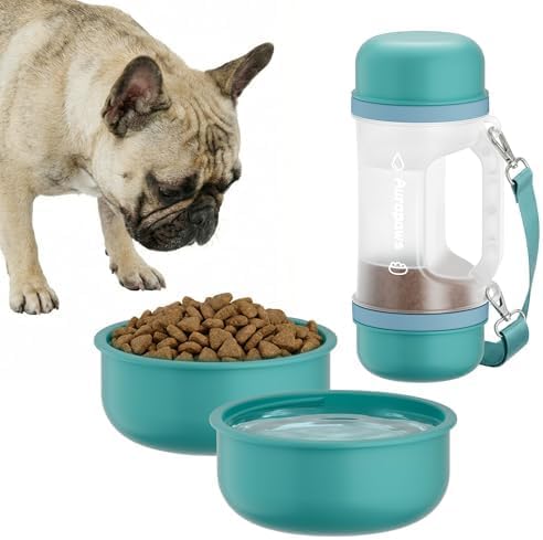 Dog Water Bottle with 20.3oz Water & 8.5oz Food Dispenser, 2 Detachable Bowls with Shoulder Strap, Leakproof Portable Travel Water Bottle for Pets Outdoor Walking, Hiking, Camping, Small