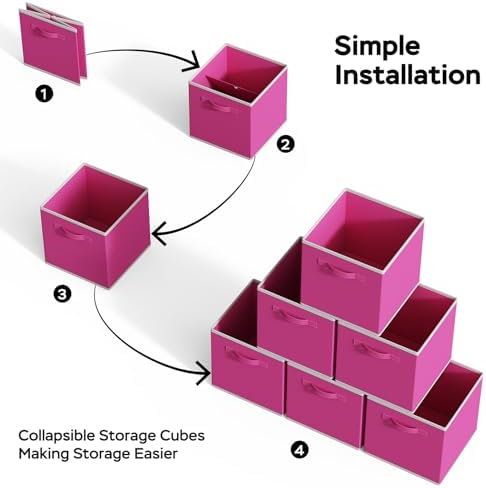 MAX Houser 6 Pack Foldable Fabric Storage Bins with Dual Handles, Pink | 6 pack cloth storage bins with dual carry handles, Foldable Storage Cubes Organizer Baskets, ideal for home bedroom closet