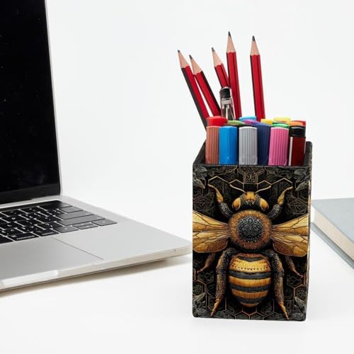 Artistic Bee Pen Holder for Desk Decor, Rectangular PVC Leather Pencil Cup for Desk Pen Organizer, Makeup Brush Holder for School, Home, Office