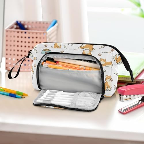 Emelivor Cute Pets Dog White Print Pencil Case Large Capacity Pencil Pouch Bag with Compartmens Pen Organizer Portable Stationery Bag for School Office Adults College Teens