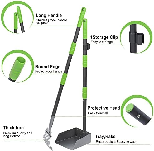 Niubya Pooper Scooper for Dogs, Metal Poop Scooper Tray and Rake Set with Adjustable Long Handle, Dog Pooper Scooper for Pet Waste Removal