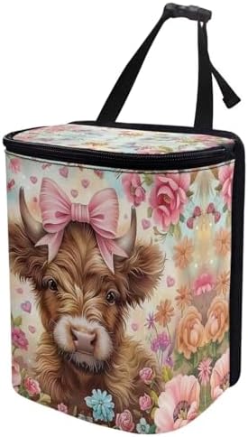 DISNIMO FlowerHighland Cow Car Trash Can with Lid Collapsible Reusable Car Garage Bag Trash Bin, Automotive Garbage Can,Car Accessories Interior Car Organizer, Pink