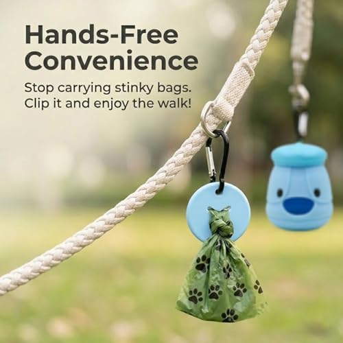Dog Poop Bag Holder with Hands-Free Used Bag Clip & 1 Roll Bags | Cute silicone design with leash attachment and hands-free clip, making dog walking cleaner and more convenient outdoors