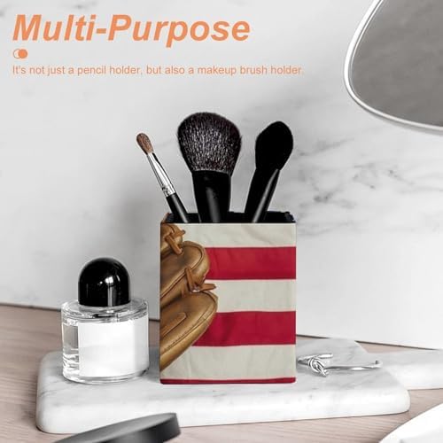 Square Pen Holder Waterproof Multifunctional Desk Organizer For Office Home Vintage Ball Baseball American Flag