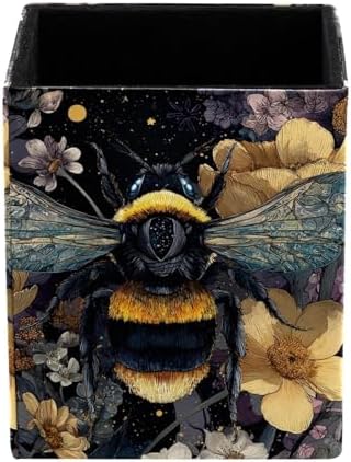 Bee Pen Holder for Desk Decor, Rectangular PVC Leather Pencil Cup for Desk Pen Organizer, Makeup Brush Holder for School, Home, Office
