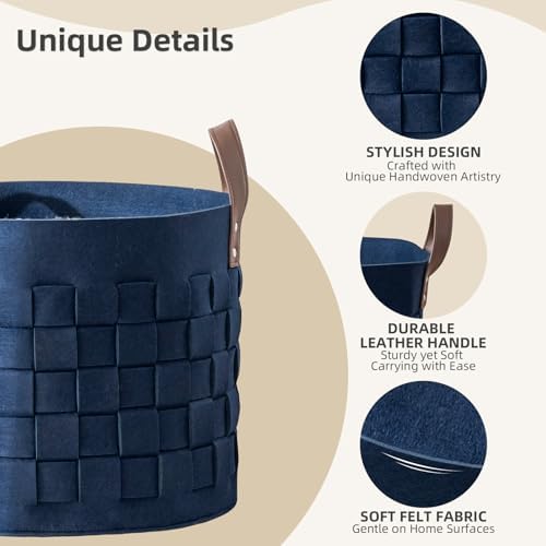 BOLDMONKEY Blankets Basket 15" x15 " x13 " 2 Pack, Felt Storage Baskets for Organizing Round, Living Room Dog Toy Bin for Dirty Clothes, Pillows, Towel-Navy Blue