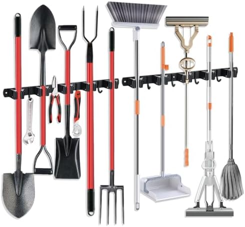 2 Pack Broom Hanger and Mop Holder, Heavy Duty Garden Tool Organizer Rack Rake and Shovel Handle, Stainless Steel Wall Mounted Utility Rack with Screws (5 Racks with 4 Hooks, Matte Black).