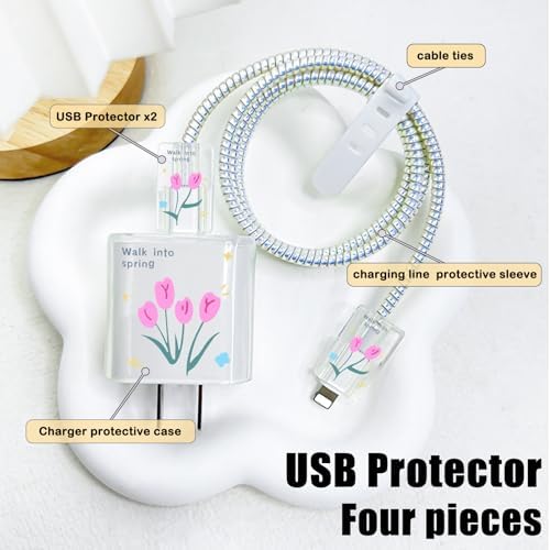 Cute DIY Cable Protector for iPhone Adapter Charger, Hot Pink Tulip Flowers Design, Soft TPU Clear Cord Wire Saver Data Line Cable Case Charger Protector for iPhone X 11 12 13 14 15 Pro Max