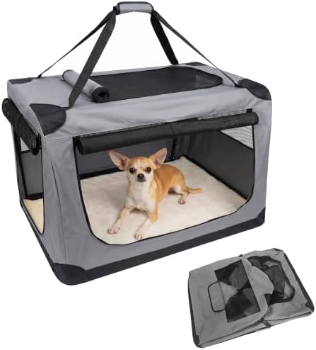 Collapsible Soft Dog Crate for Travel & Home - 3-Door Portable Kennel with Washable 600D Cover, Fleece Bed, Side Pocket, Safety Zippers - Medium Size