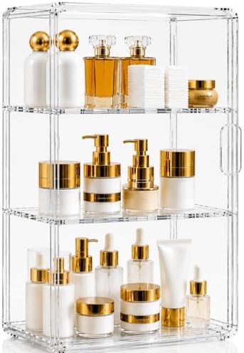 3-Tier Acrylic Storage Cabinet with Magnetic Doors, Clear Makeup Organizer for Bathroom Countertop, Skincare, Cosmetics, Perfume & Beauty Storage