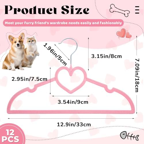 12 Pcs Pet Hangers 13'' Non-Slip Velvet Metal Hooks,Pink | 360° Swivel Rustproof Hooks, Space-saving for Dogs Cats, Home Closets and Grooming Salons, Small Pet Organizer