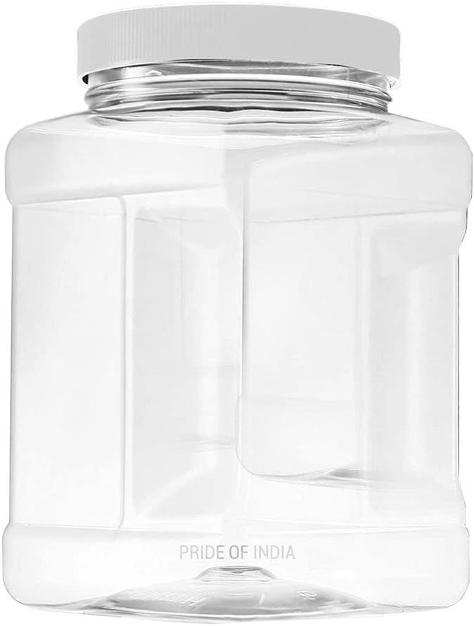 Pride Of India Clear Food Grade PET Plastic Jars – 48 Fluid Ounce, 6-Jar Pack | Square-Grip Plastic Containers for Snacks, Pet Food, Kitchen, Pantry & Household Storage (4-5 Cup Storage Capacity)