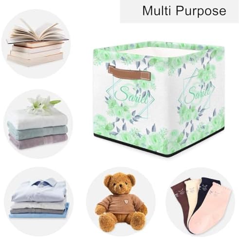 Personalized Storage Baskets for Organizing, Foldable Storage Bins with Handles Custom Cute Basket for Boys, Girls, Pet, Clothes, Blanket, Bedroom Nursery Toy Storage Gift,13 x13 x13 In, Green Flower