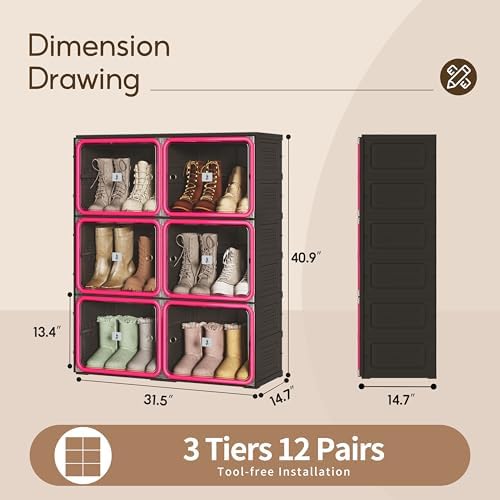 Shoe Rack Organizer, Shoe Storage Cabinet, Black 3-Tier 12-Pair | Foldable Shoe Rack for Closet with Transparent Magnetic Doors, Tool-Free Setup, Free Standing Boot Cabinet Box