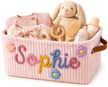 KALOTOYS Personalized Baby Basket with Name, Custom Corduroy Nursery Storage Bin with Knitted Name and Crochet Icons, Newborn Diaper Caddy Organizer Boys Girls