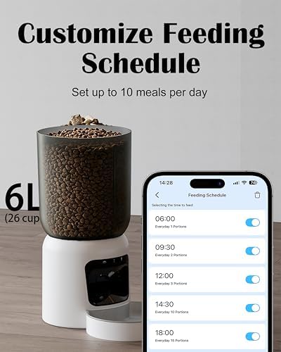 Automatic Cat Feeder with 2K Camera, 5G WiFi Smart Pet Food Dispenser for Cats & Small Dogs, 6L Large Capacity Timed Auto Feeder with App Control, Night Vision, 2-Way Audio & Detachable Design (White)
