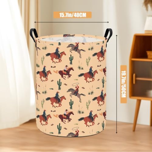 Round Laundry Basket Collapsible Storage Organizer Cactus Cowboy | Waterproof Canvas Foldable Baskets with sturdy Handles Multi-scene Organizer for Home Play Bedroom Gift Bin