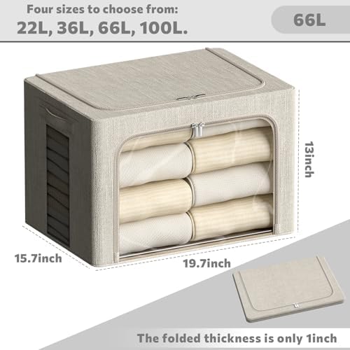 FHSQX 6 Pack Clothes Storage Bins with Metal Frame Foldable Storage Bins for Clothes Linen Fabric Storage Box with Clear Window (Beige, 19.7x15.7x13inch(66L))