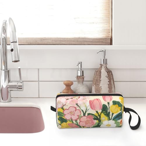 Spring Floral Bouquet Makeup Bag for Women with Wrist Strap | Durable 600D Oxford Fabric Cosmetic Organizer,Compact Travel Pouch with Handle for Gym & Daily Use