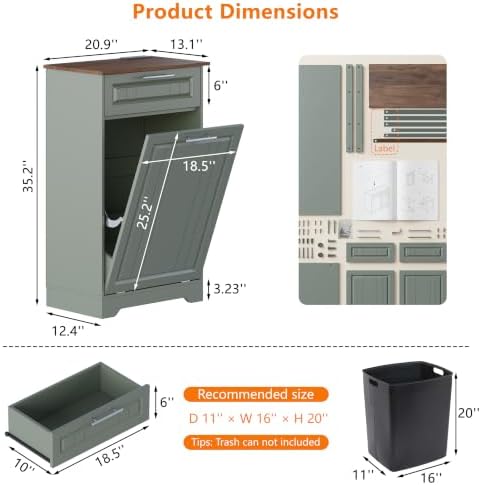 Single 10 Gallon Tilt Out Trash Can Cabinet with Deodorizing Function, Wooden Hidden Garbage Can Holder with Storage Drawers for Kitchen and Dining Room, Laundry Hamper Cabinet for Bathroom, Green